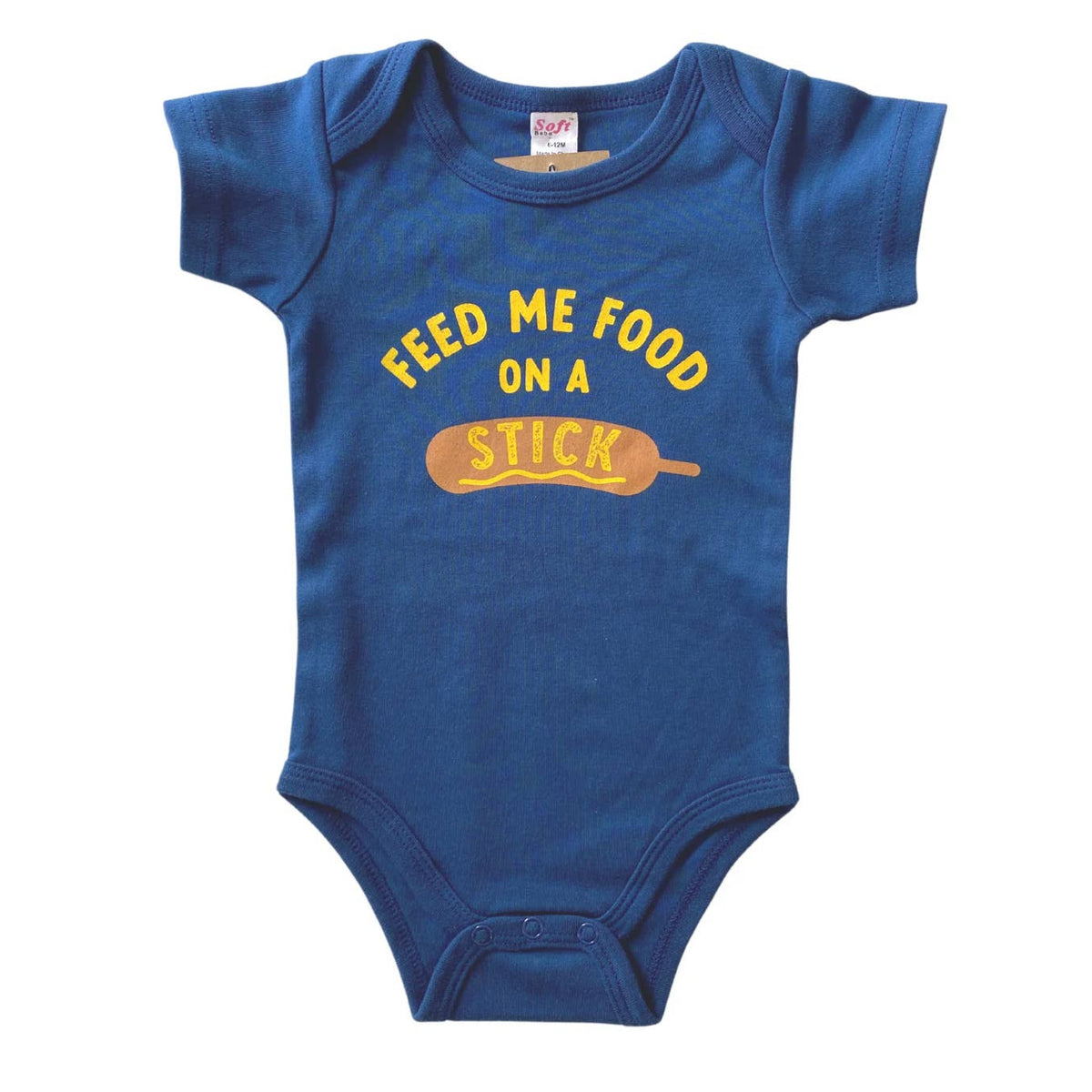 Blue baby onesie with yellow text and mustard graphic on a white background