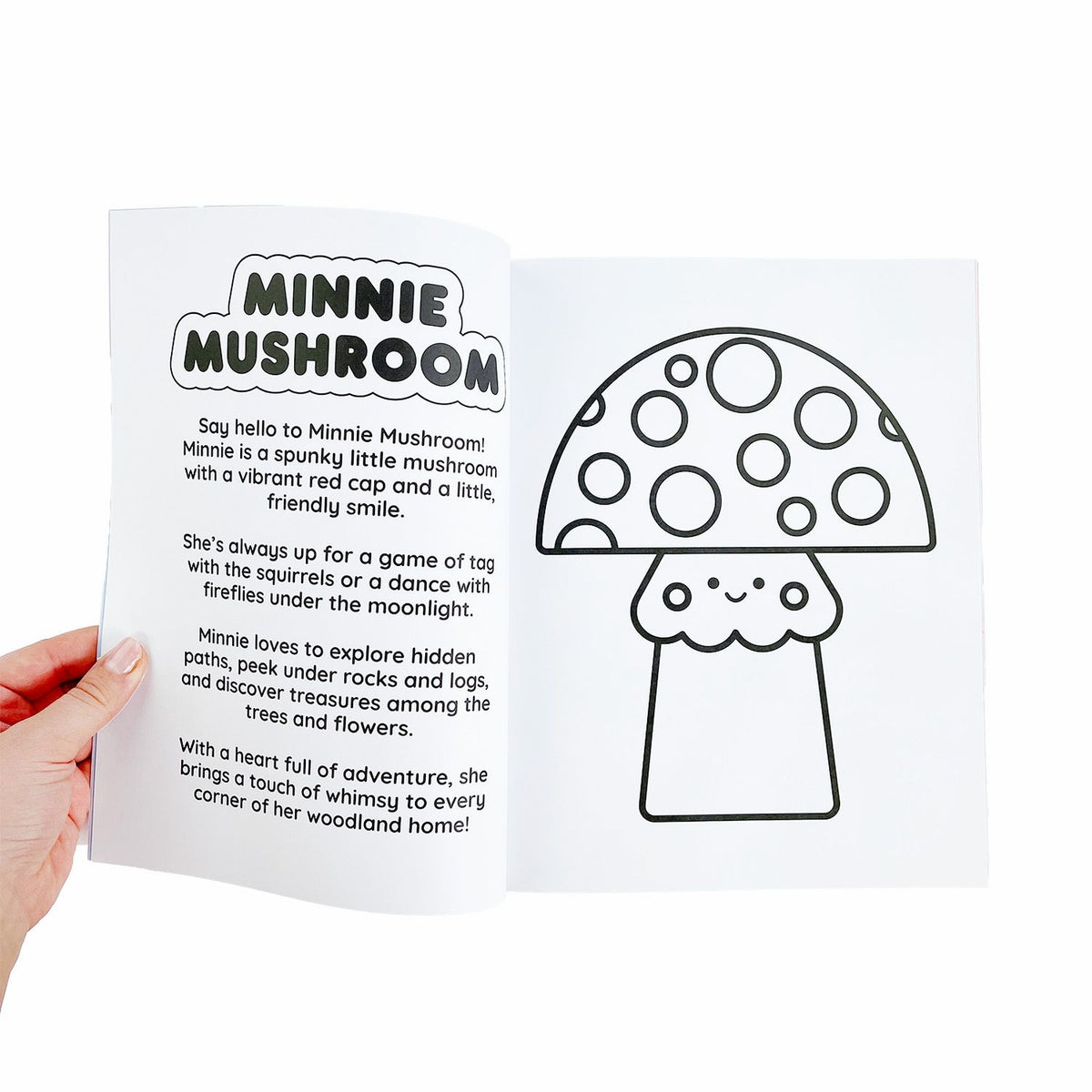 Book page with Minnie Mushroom illustration and description.