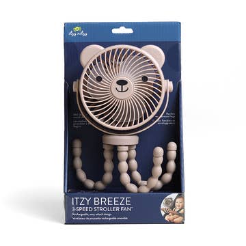 Itzy Breeze 3-speed stroller fan packaging with blue background