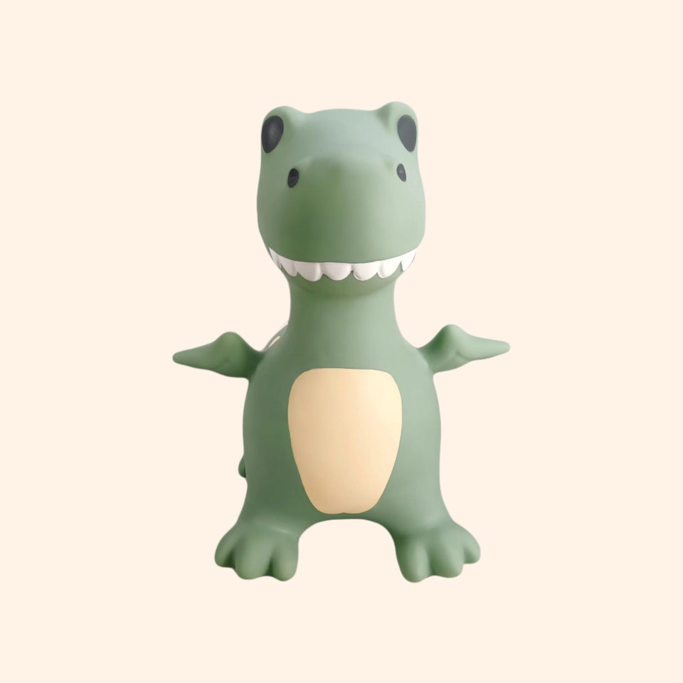 Green dinosaur-shaped toy on a white background