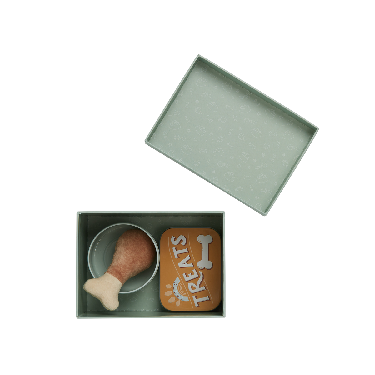 Green box with a toy and treat container on a white background
