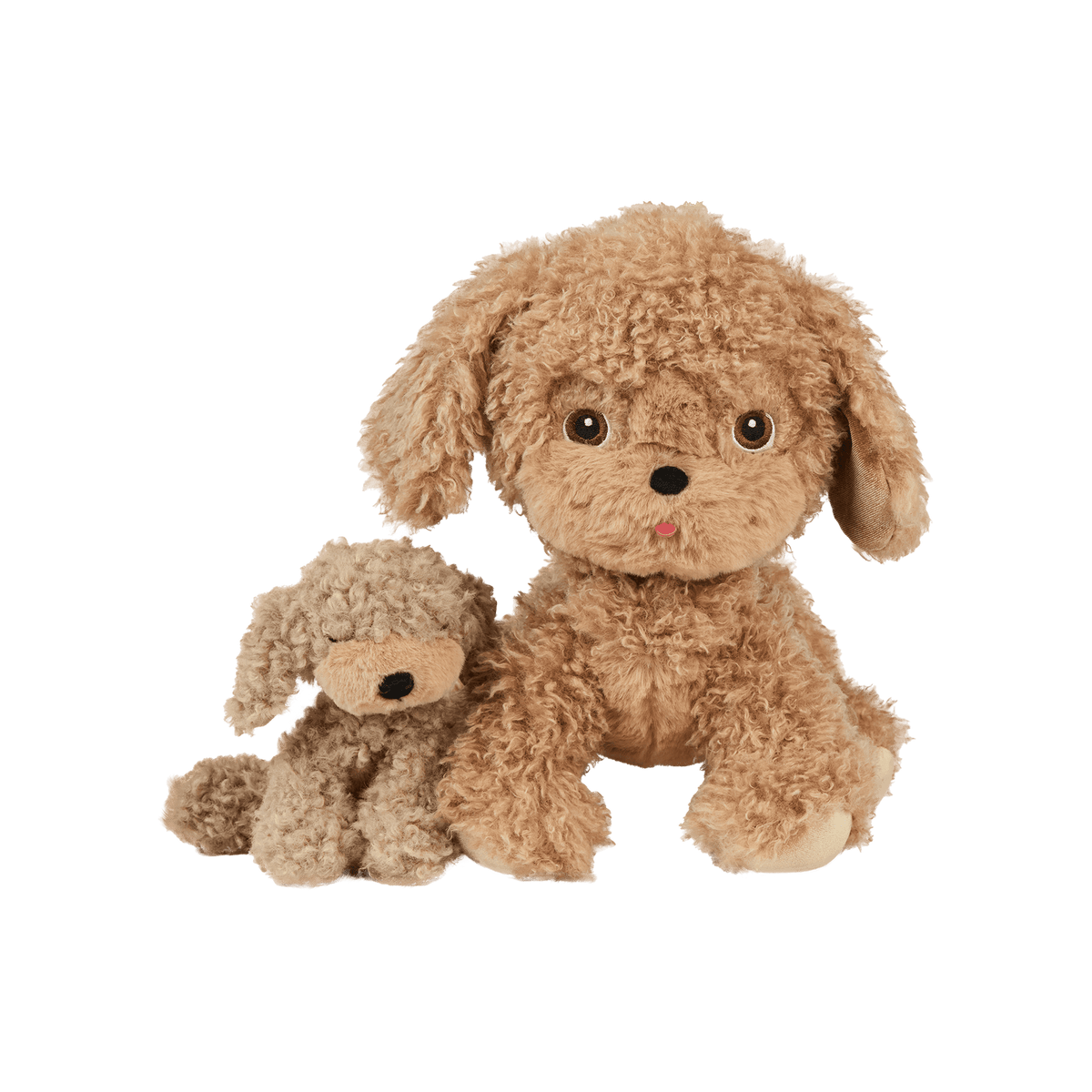 Two fluffy toy dogs, one larger and one smaller, on a transparent background