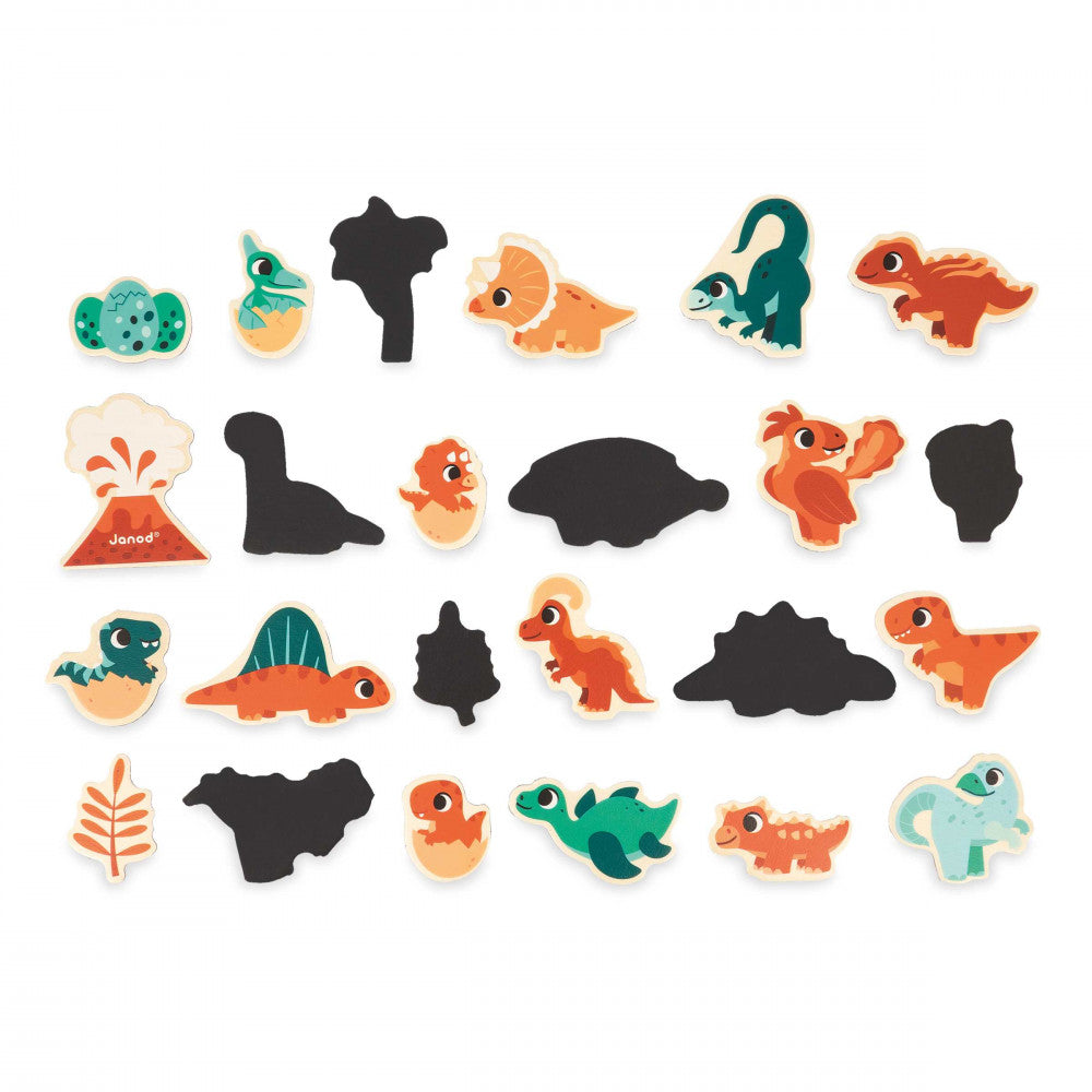 Set of colorful dinosaur-shaped wooden toys on a white background