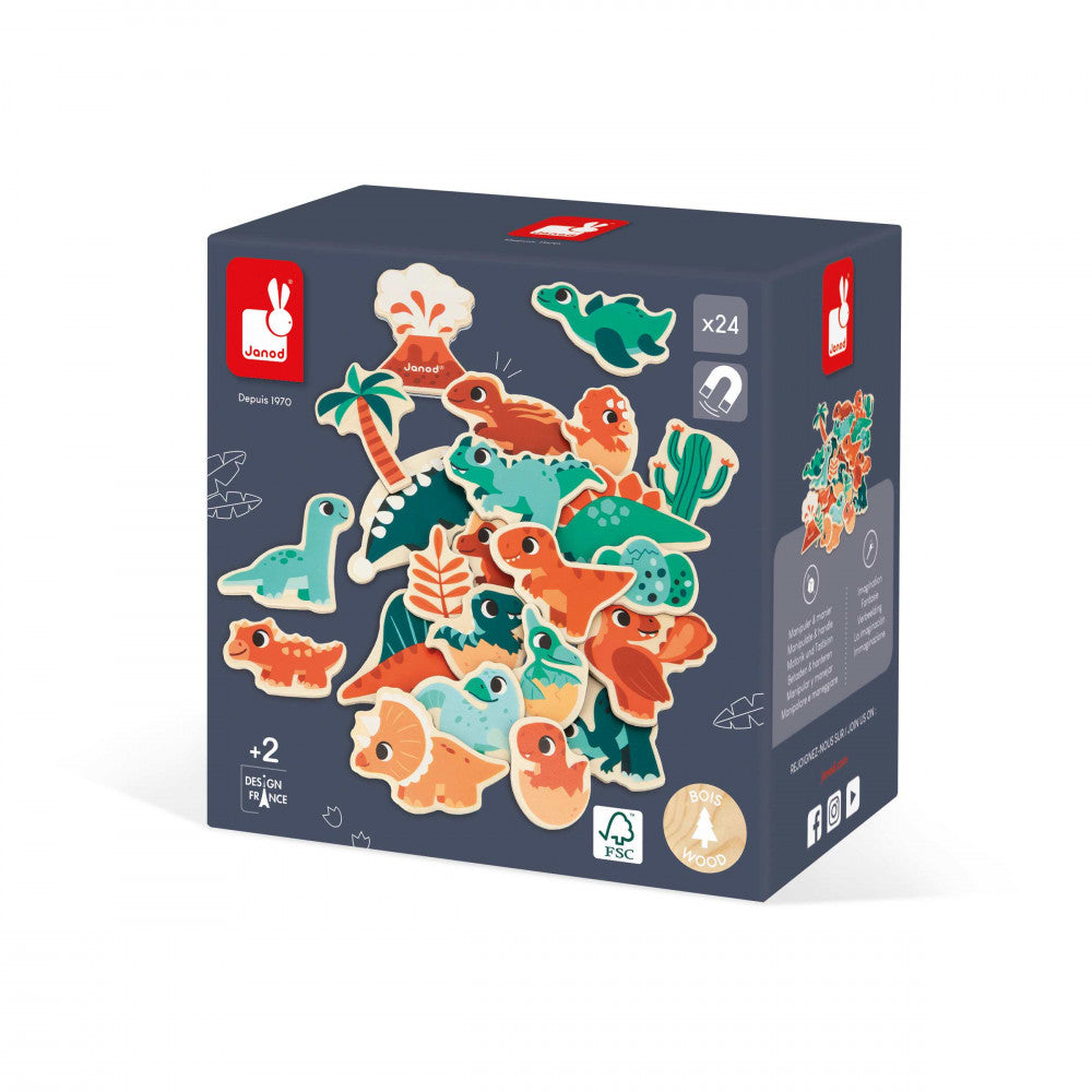 Box of dinosaur-themed wooden toys with colorful illustrations on a white background