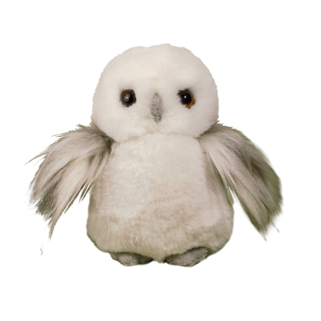 A small plush owl toy with fluffy white fur, gray wings, and dark eyes, centered on a plain white background.