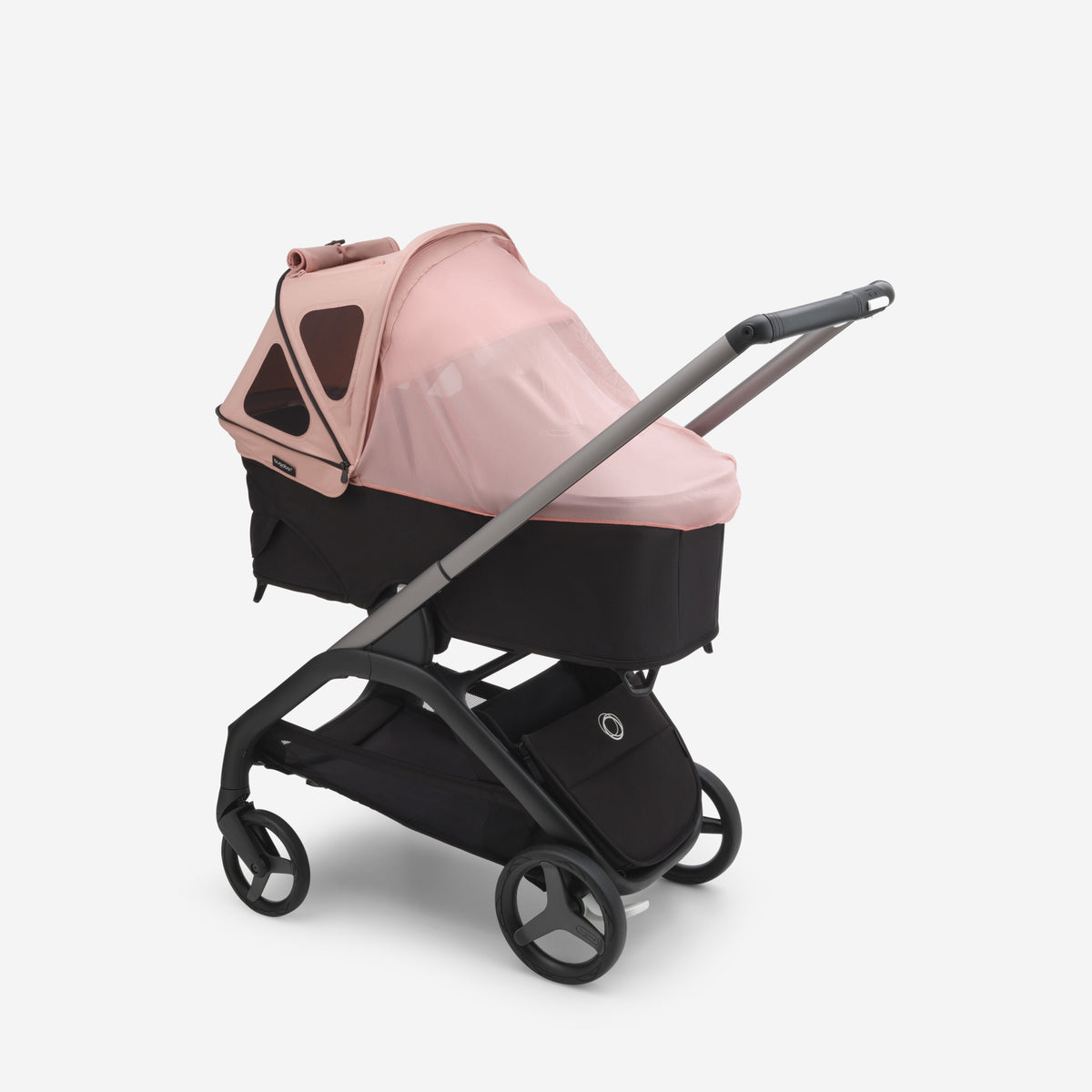 Pink and black stroller on a white background