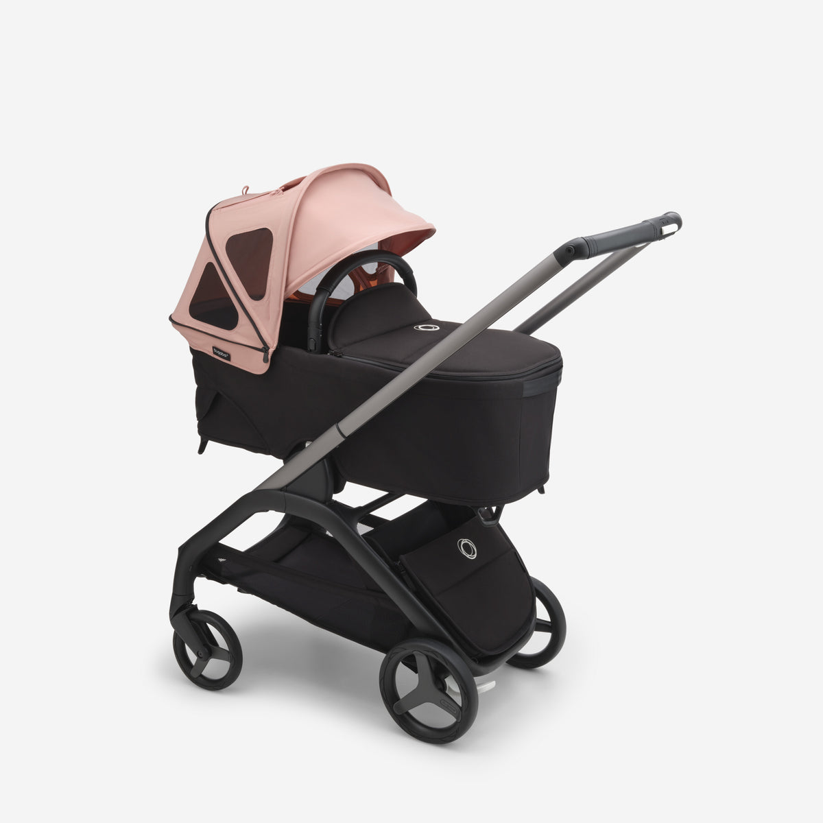 Black stroller with a pink canopy on a white background