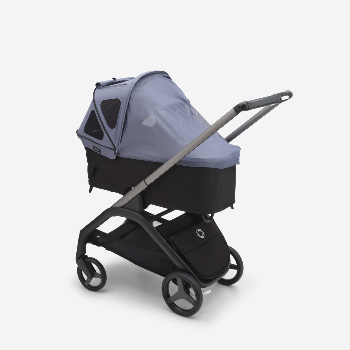 Pet stroller with a gray cover on a white background