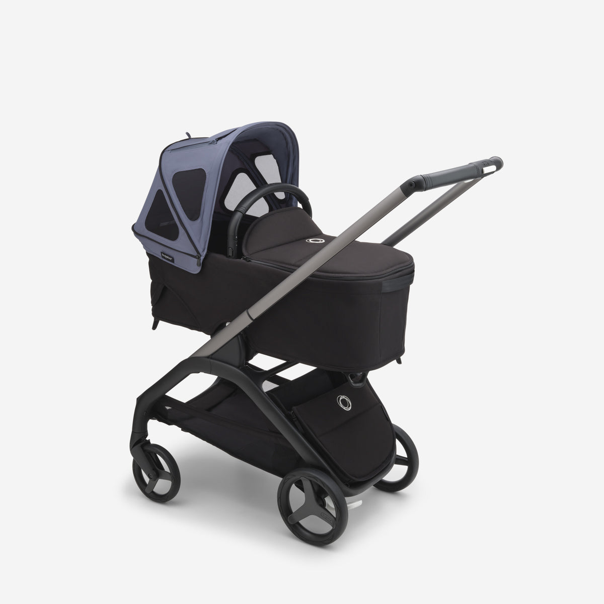 Black stroller with gray canopy on a white background