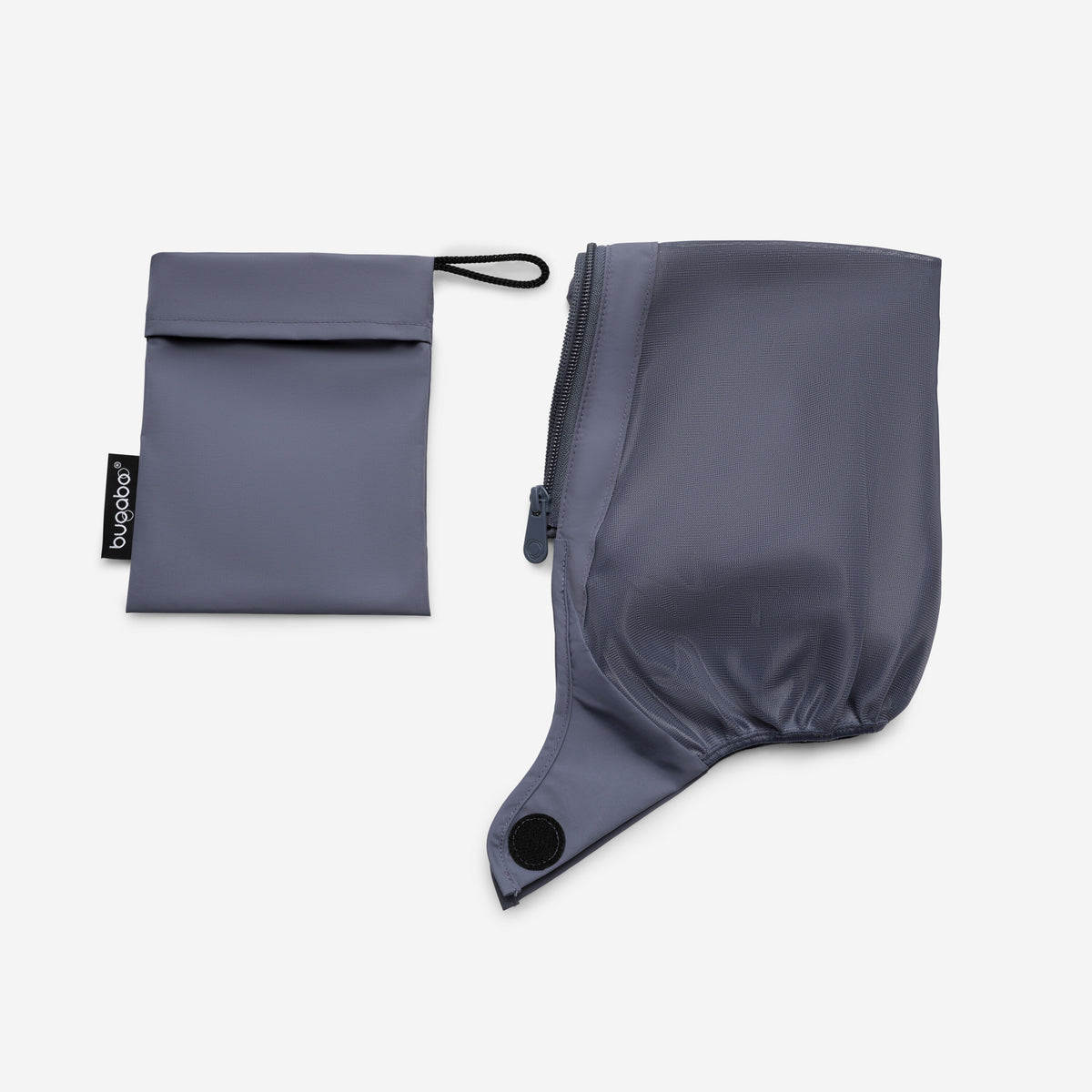 Gray travel towel and pouch set on a white background