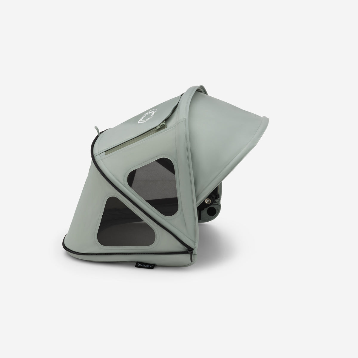 A sage green stroller canopy with mesh windows and black trim, shown from an elevated side angle on a clean white background.