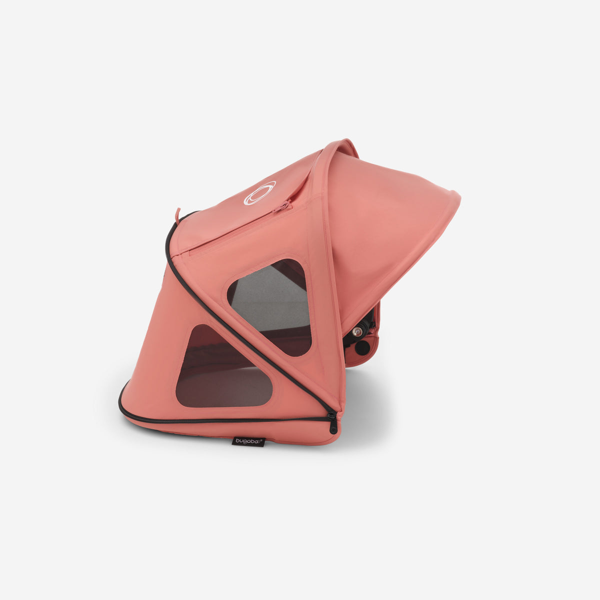 Pink baby car seat with a clear window on a white background