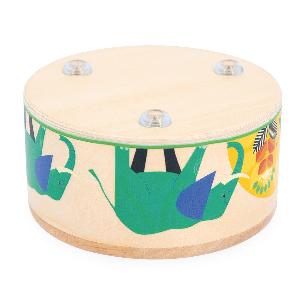 Wooden drum with dinosaur illustrations on a white background