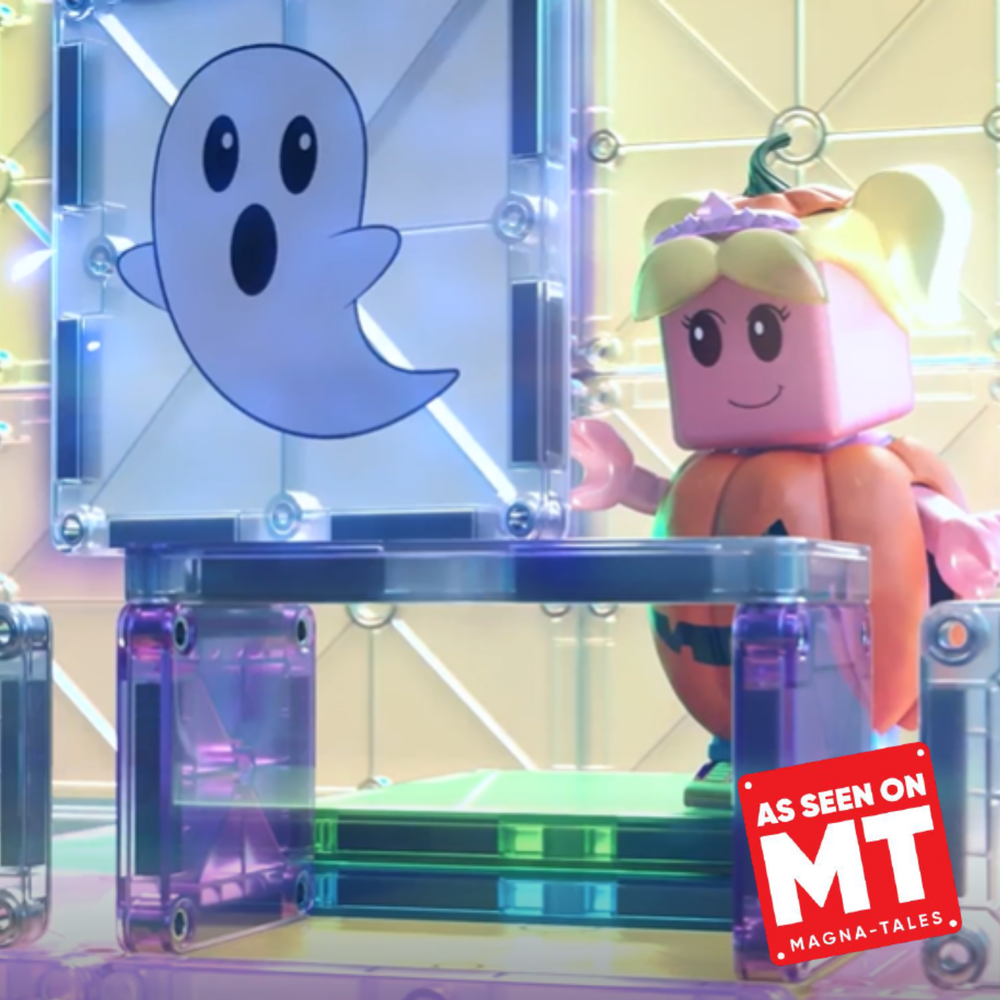 A pink blocky doll with blonde pigtails stands beside a translucent acrylic display case featuring a ghost graphic. The doll is wearing an orange outfit with a purple headband.