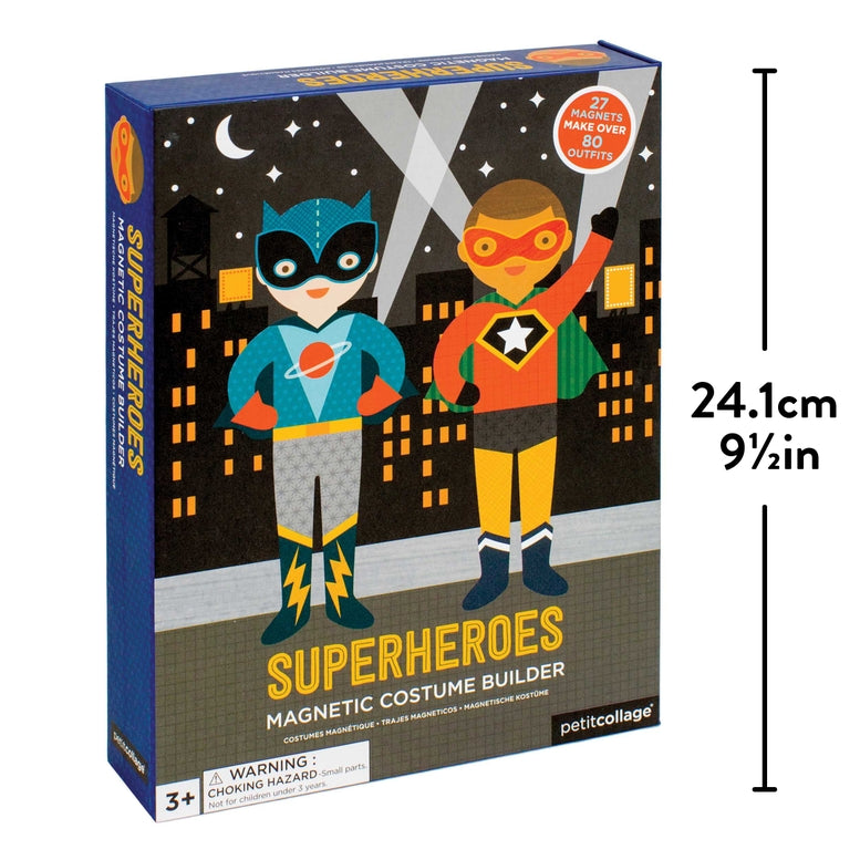 A boxed toy product labeled Superheroes Magnetic Costume Builder by Petit Collage, shown at a slight angle on a plain white background, featuring illustrated superhero characters against a dark city skyline at night with dimension markings.