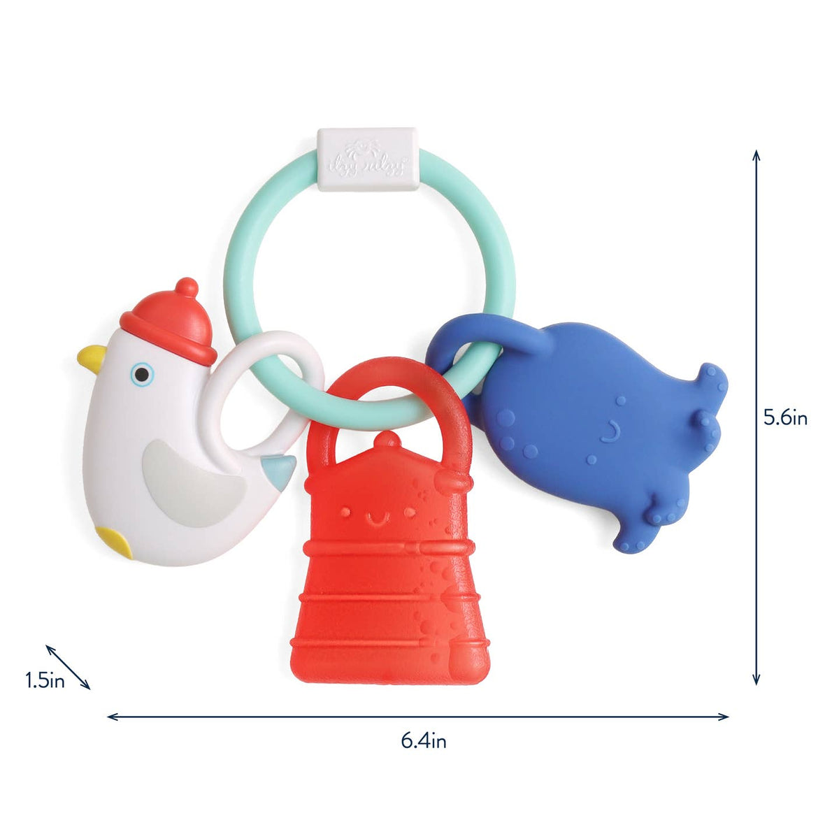 Colorful baby teething toy with chicken, bucket, and cow design on a white background
