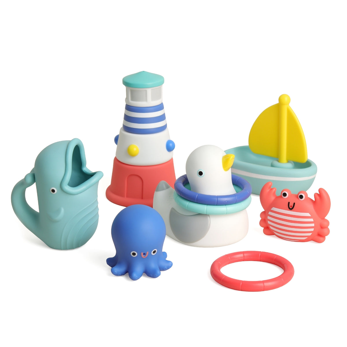 Set of colorful bath toys including a whale, lighthouse, octopus, and crab on a white background