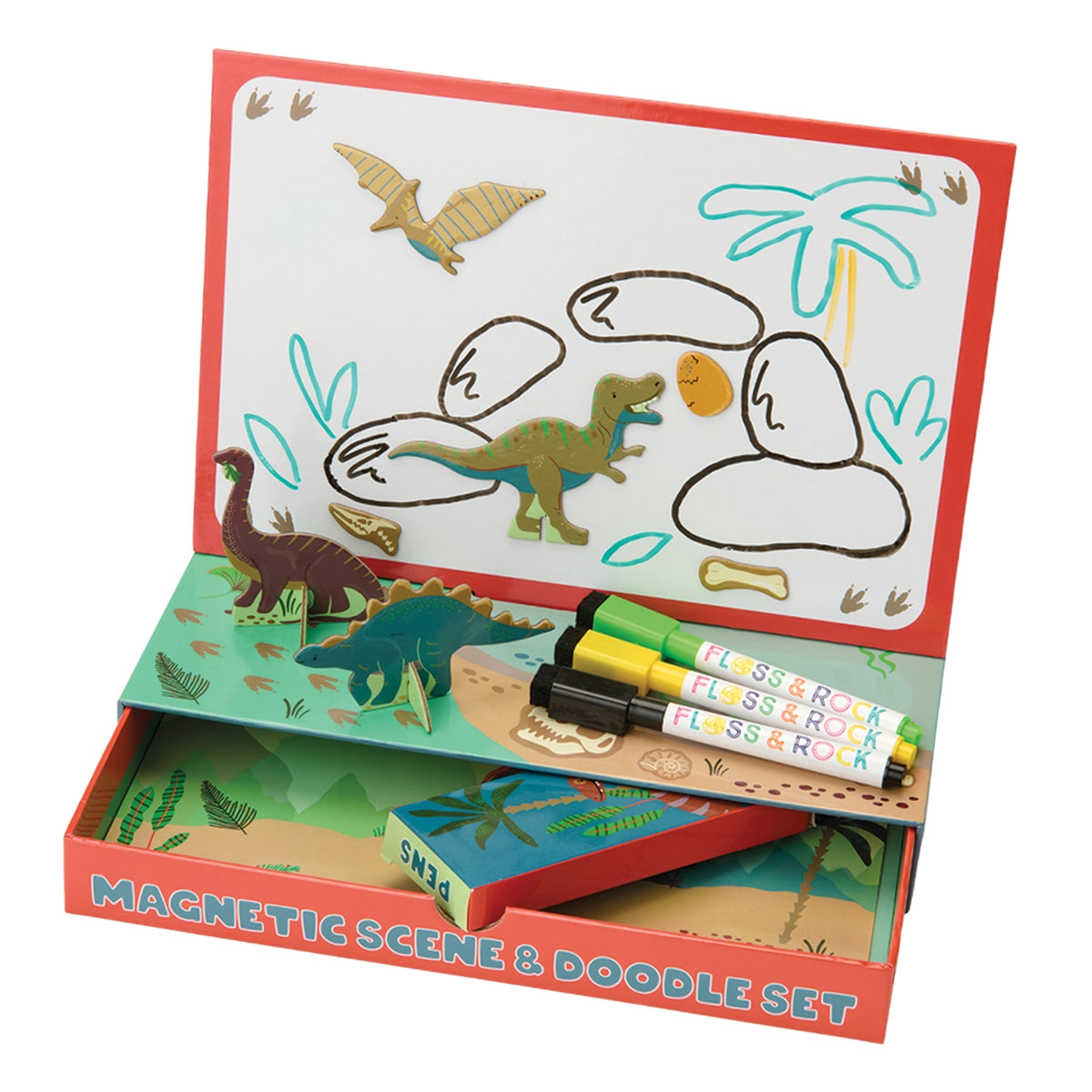 Magnetic scene and doodle set with dinosaur figures and markers on a white background