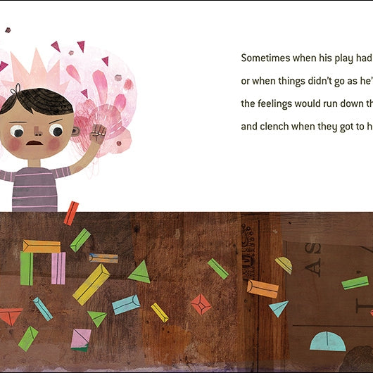 Illustration of a child with colorful blocks and text about feelings and play.