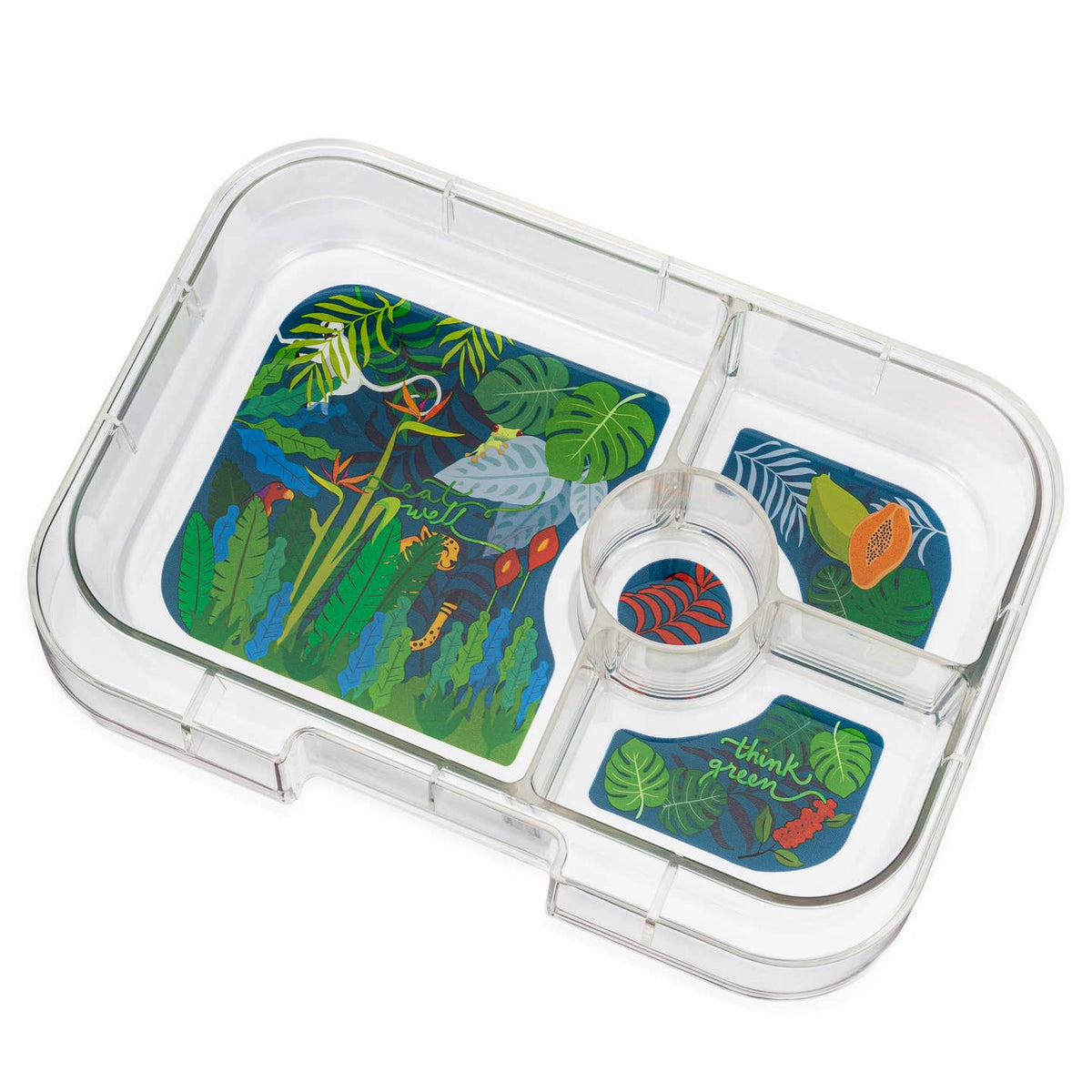 Clear compartmentalized container with colorful jungle-themed labels on a white background