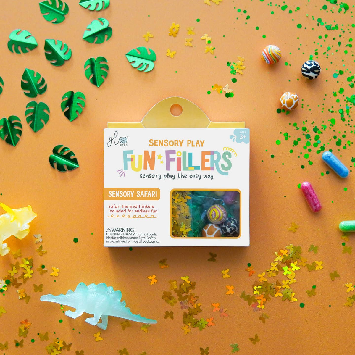 Sensory play Fun Fillers packaging on an orange background with decorative elements