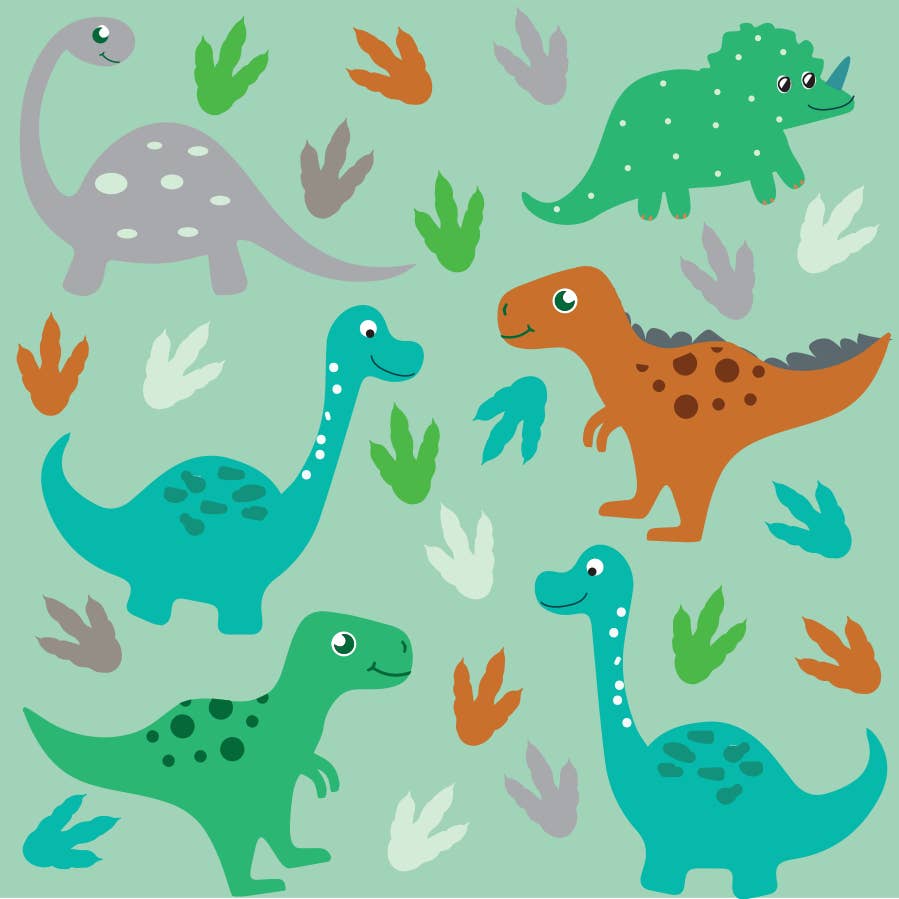 Pattern of colorful cartoon dinosaurs on a light green background