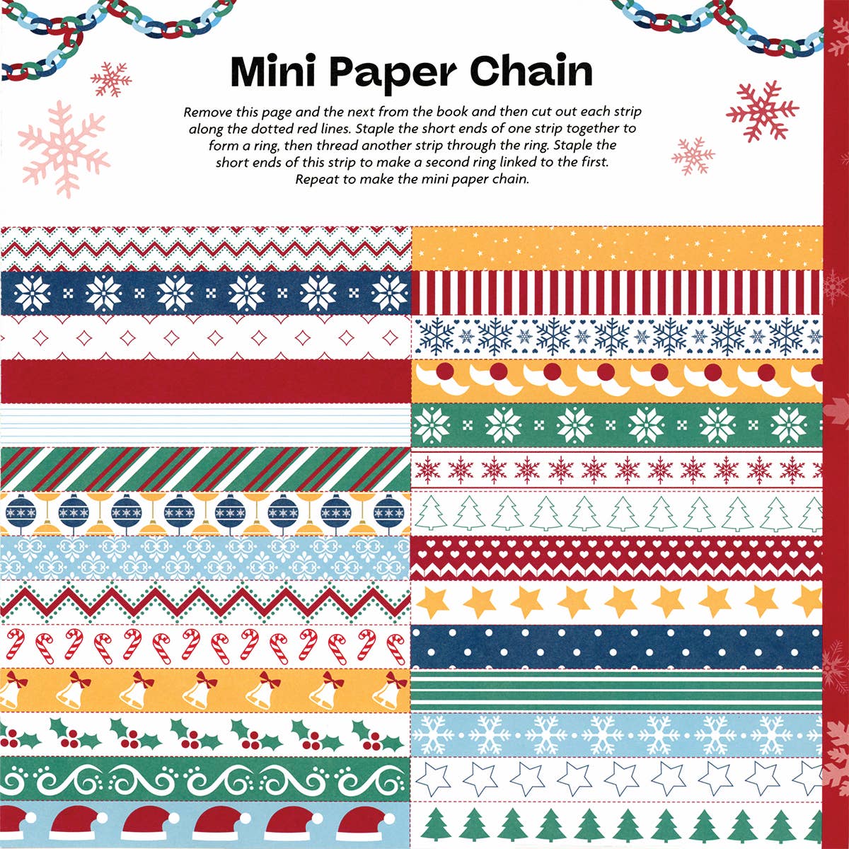 Sheet of Christmas-themed paper strips with patterns for a mini paper chain.