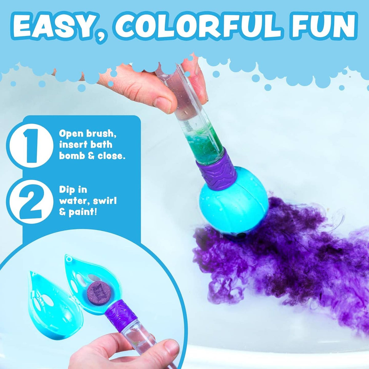 Bath bomb with brush and instructions for use on a blue background