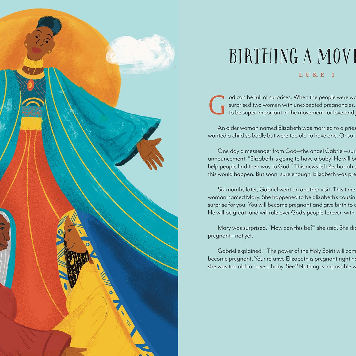 Illustrated book page with a character in a flowing dress against a blue sky, accompanied by text.