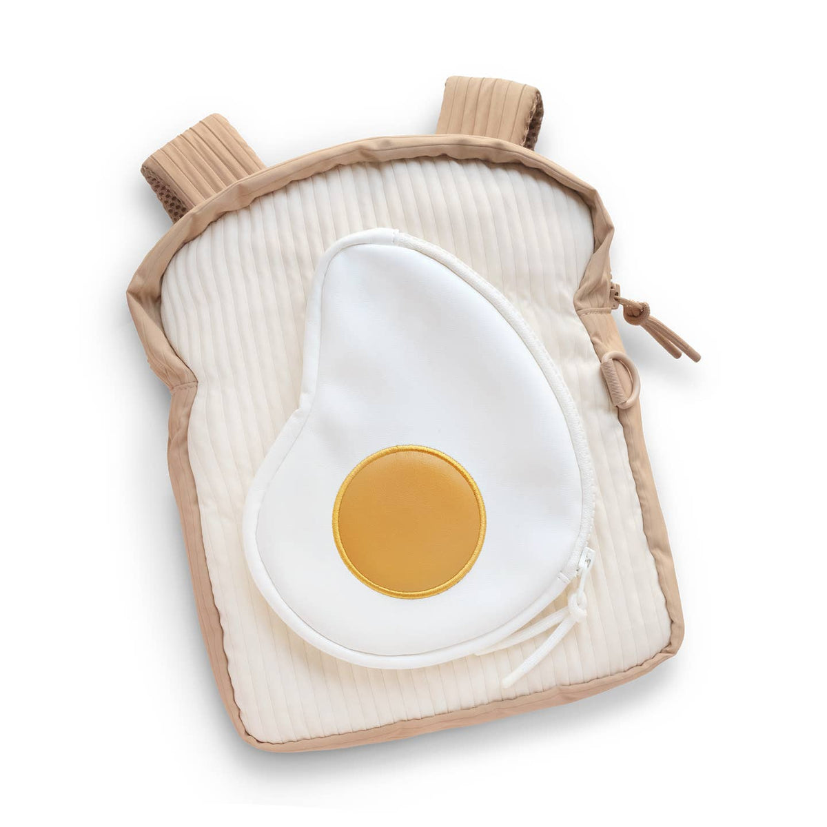 Backpack designed like a fried egg on a white background