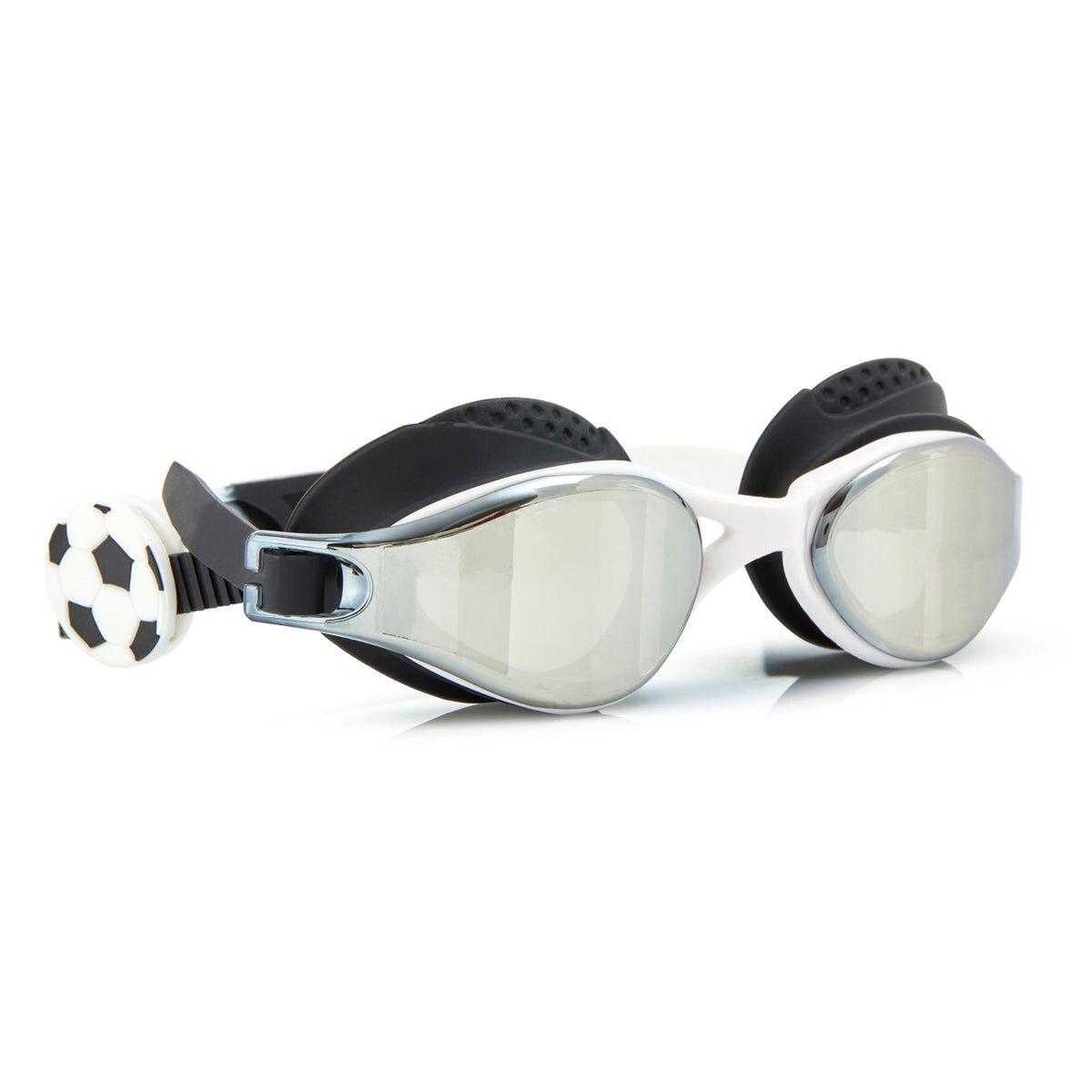Swimming goggles with black and white design on a white background