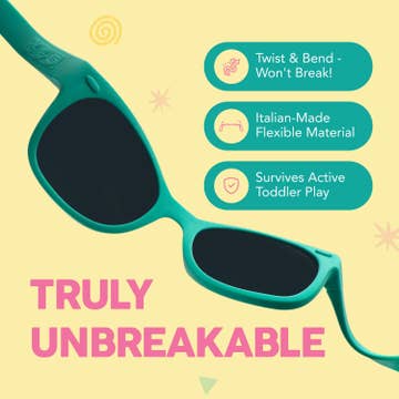 Teal sunglasses with features listed on a yellow background