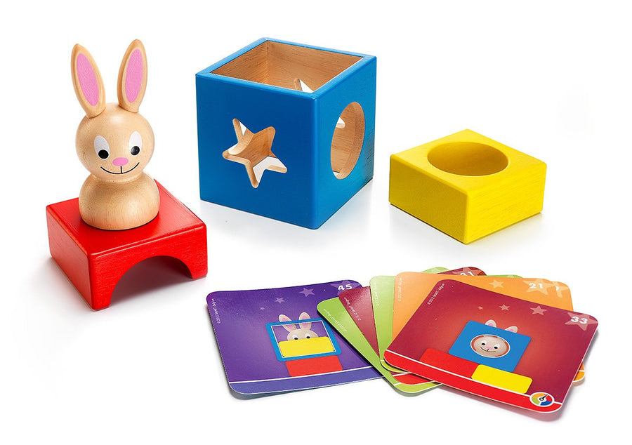 Colorful educational toys including a rabbit figure, shape sorter, and flashcards on a white background