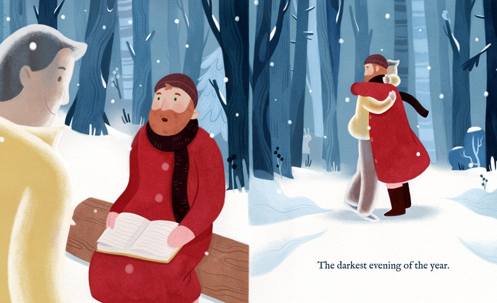 Illustration of people in a snowy forest with one person reading a book.