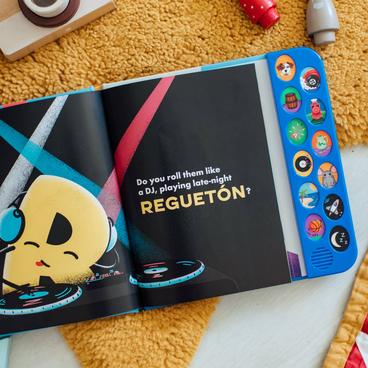 Open book with cartoon character and text on a colorful background