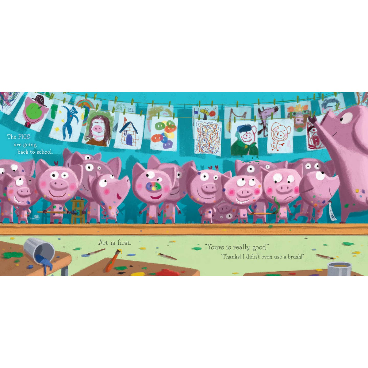 Illustration of cartoon pigs in a classroom setting with artwork on a turquoise wall.