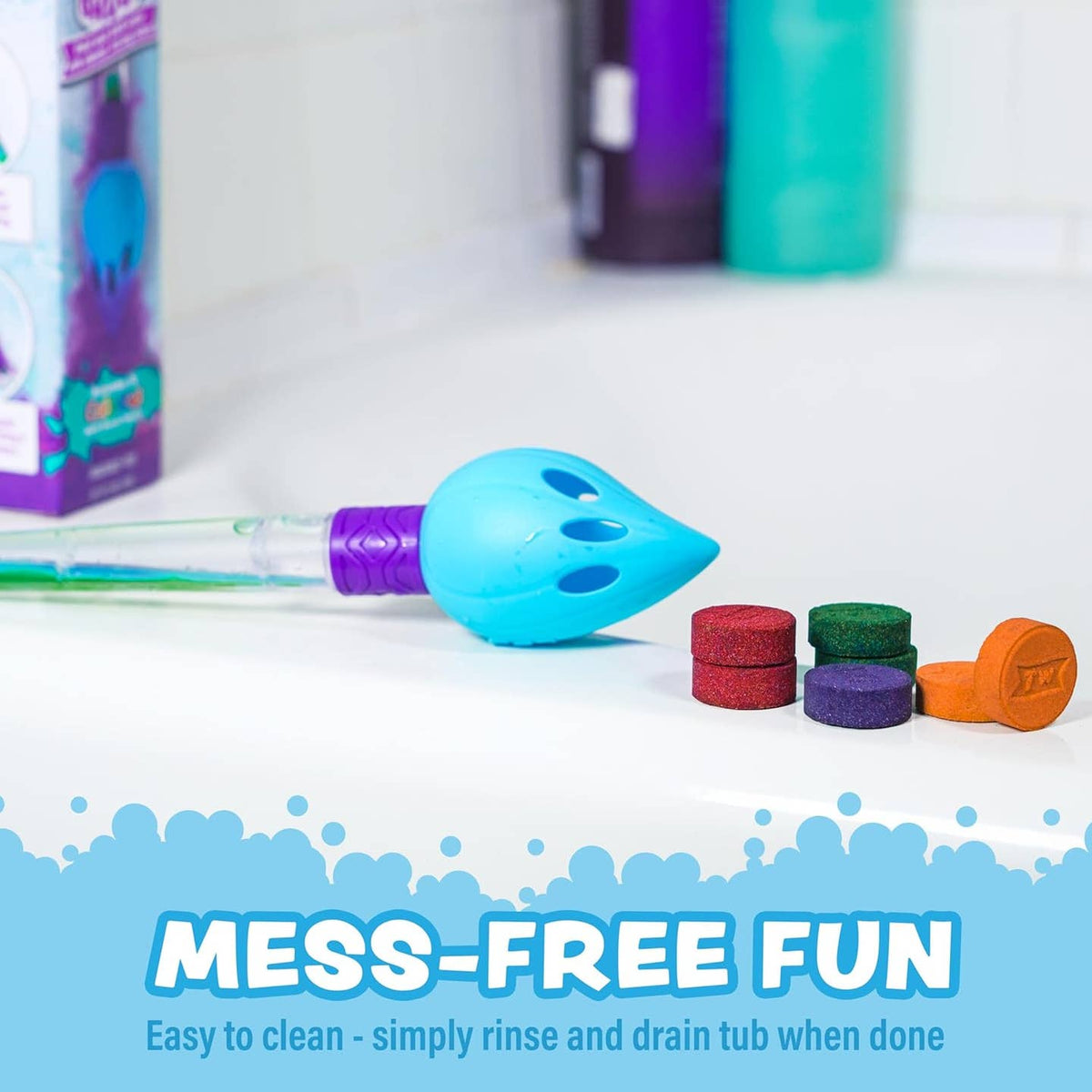 Colorful children's bath toy with cleaning supplies on a white surface, featuring text 'Mess-Free Fun'.