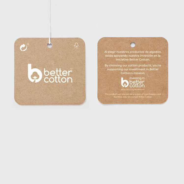 Two brown tags with 'better cotton' branding on a white background