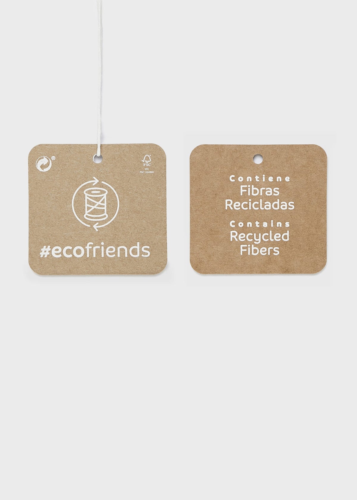 Two cardboard tags with eco-friendly text and '#ecofriends' hashtag on a white background