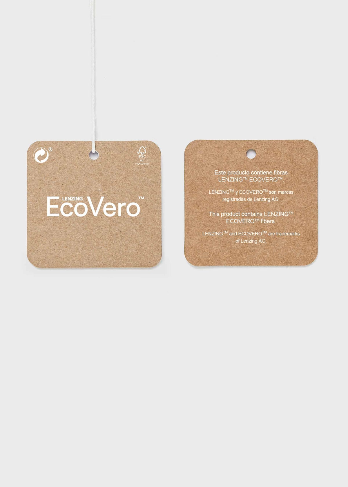 Two square kraft-paper hang tags on a light gray background, showing the front and back of a LEADNIO EcoVero product tag. The front tag features the LEADNIO EcoVero logo, and the back tag contains product information text.