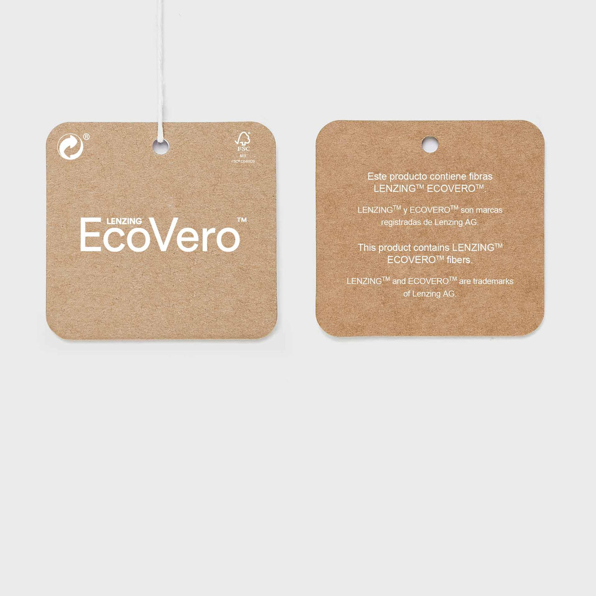 Two square kraft-paper hang tags on a light gray background, showing the front and back of a LEADNIO EcoVero product tag. The front tag features the LEADNIO EcoVero logo, and the back tag contains product information text.