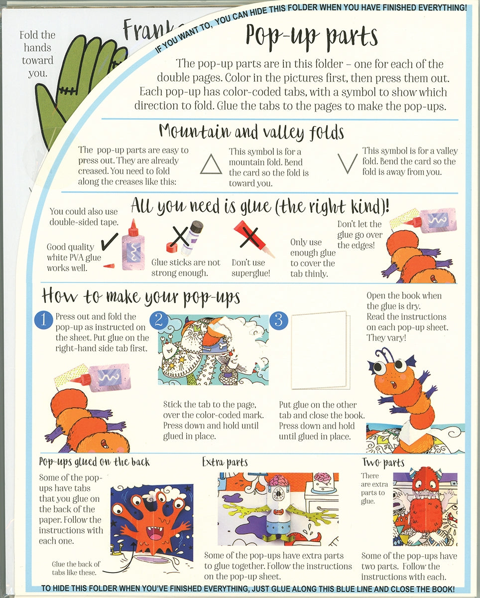 Instructions for making pop-up parts with colorful illustrations on a blue background
