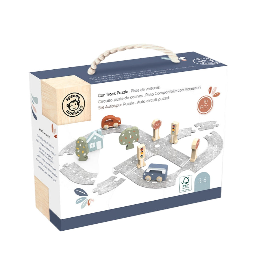 Wooden car track puzzle set with packaging on a white background