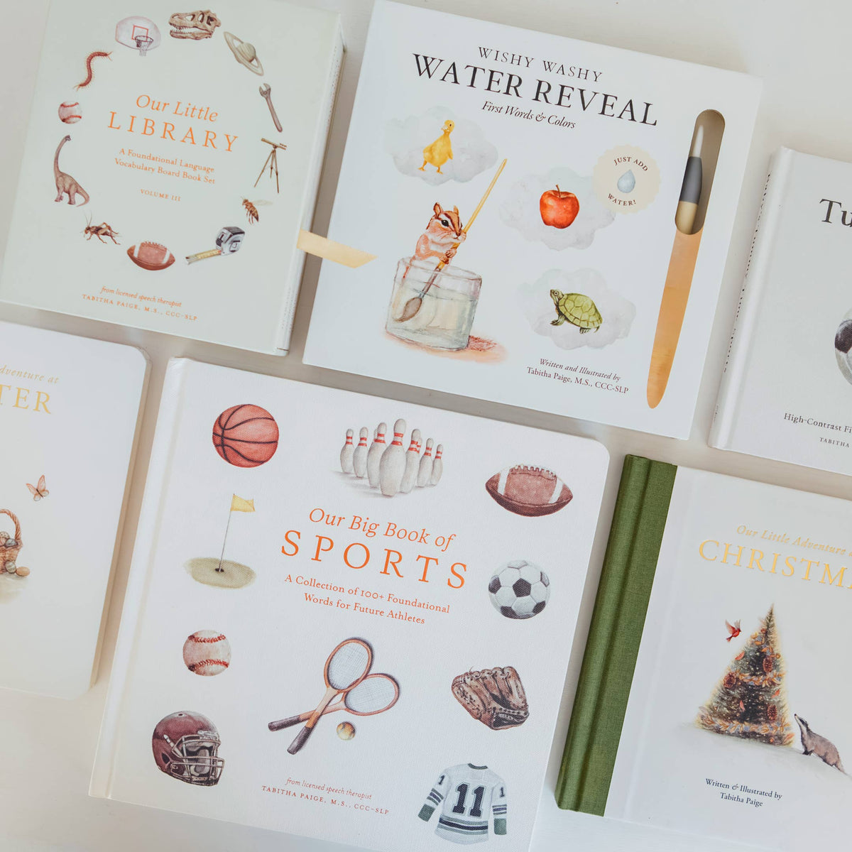 A set of children's illustrated books arranged in a flat lay on a white background. Visible titles include Our Little Library, Wishy Washy Water Reveal, Our Big Book of Sports, and Our Little Adventure Christmas.