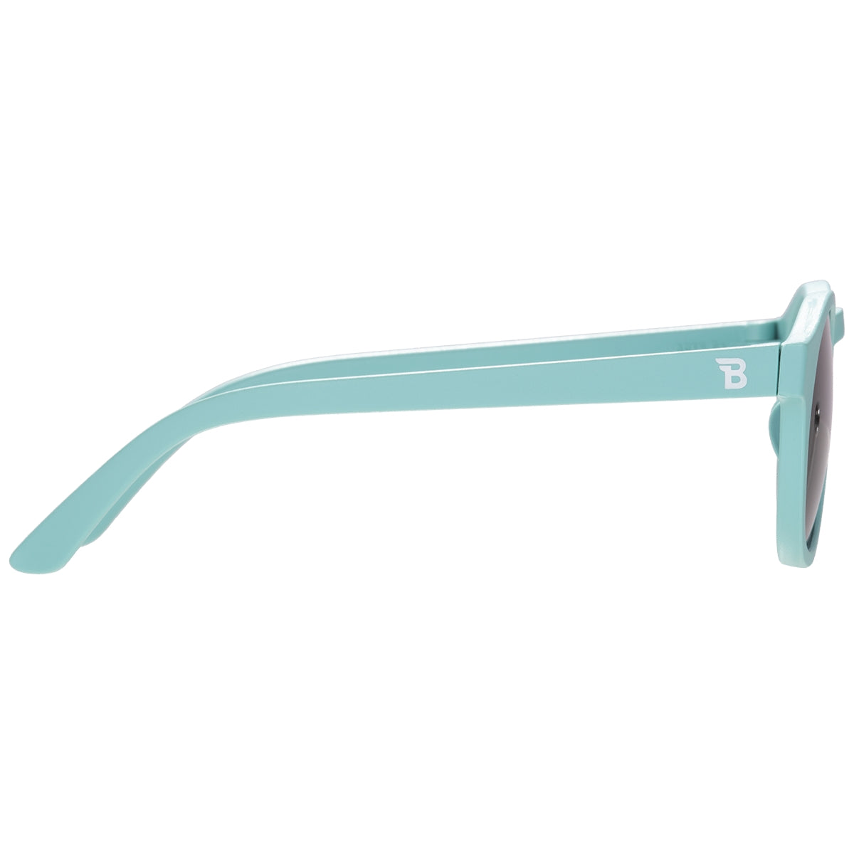 Light blue sunglasses with a brand logo on a white background