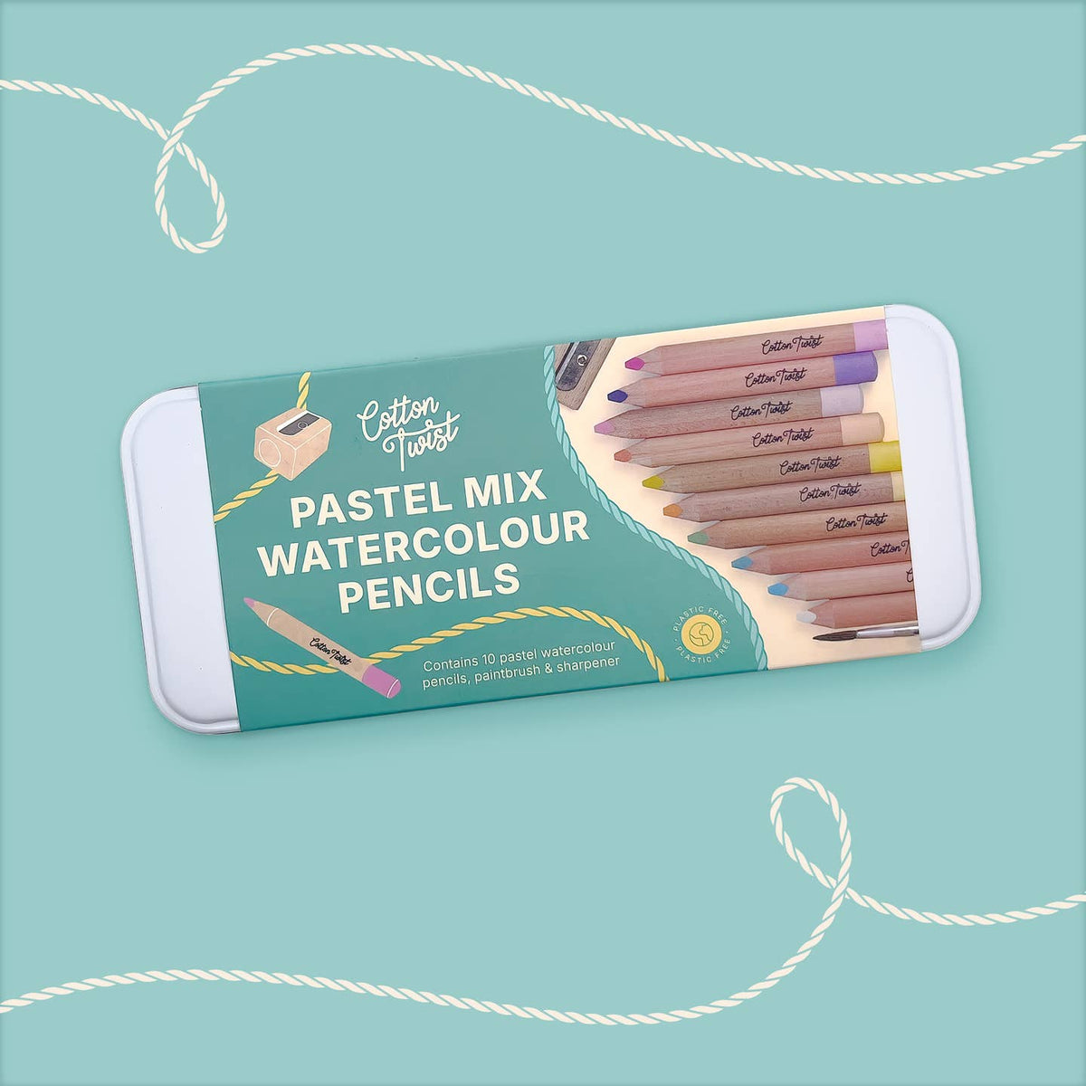 Set of pastel mix watercolor pencils in a tin with 'Cotton Twist' branding on a light blue background.