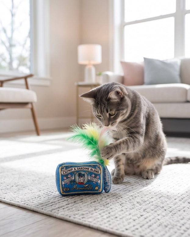 Cat playing with a toy in a living room
