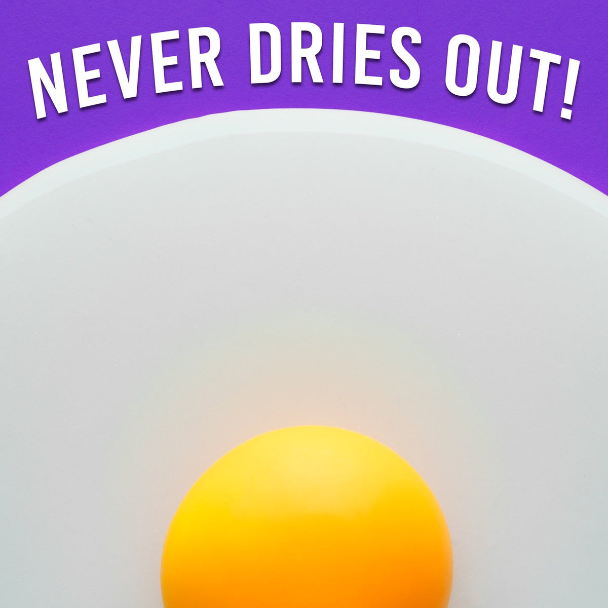 Yellow sponge with 'NEVER DRIES OUT!' text on a purple background
