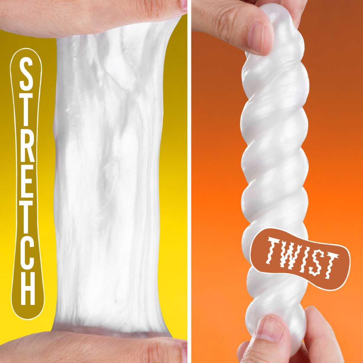 White whipped cream being stretched and twisted with text labels on a colorful background
