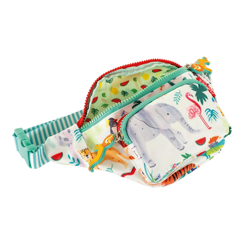 Colorful children's pouch with animal-themed design on a white background
